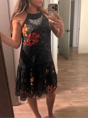 Kobi Halperin Black Halter Dress with Red & Yellow Floral Print
